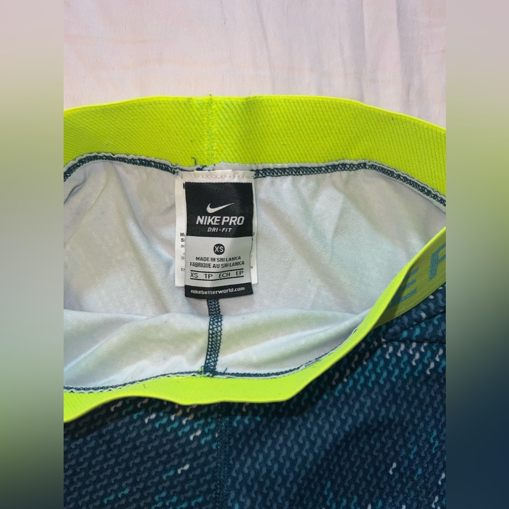 Nike Pro Leggings Blue Teal Neon Green Waistband Size XS - Picture 4 of 12